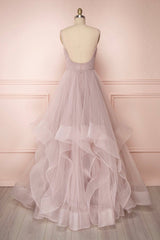 Pretty Dress, A-Line Tulle Layers Long Formal Dress, Cute V-Neck Evening Party Dress