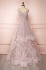 Yellow Prom Dress, A-Line Tulle Layers Long Formal Dress, Cute V-Neck Evening Party Dress