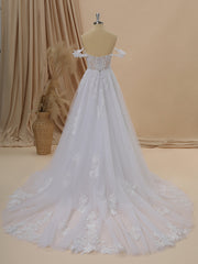 Wedding Dress Budget, A-line Tulle Off-the-Shoulder Appliques Lace Cathedral Train Corset Wedding Dress