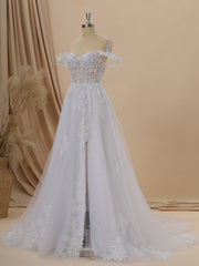 Wedding Dresses Budget, A-line Tulle Off-the-Shoulder Appliques Lace Cathedral Train Corset Wedding Dress