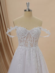 Wedding Dresses Long Sleev, A-line Tulle Off-the-Shoulder Appliques Lace Cathedral Train Corset Wedding Dress