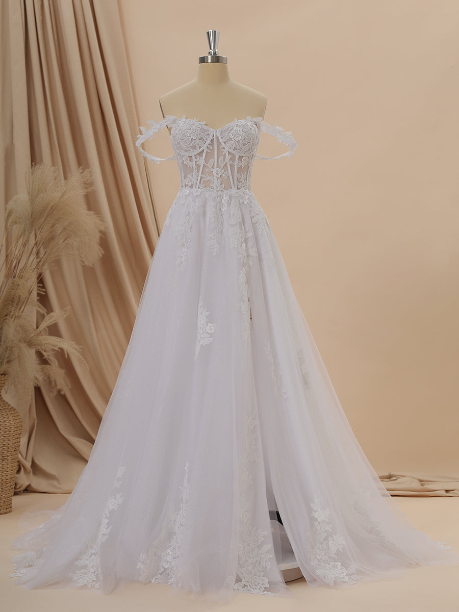 Wedding Dresse Vintage Lace, A-line Tulle Off-the-Shoulder Appliques Lace Cathedral Train Corset Wedding Dress