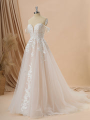 Wedding Dress Rustic, A-line Tulle Off-the-Shoulder Appliques Lace Cathedral Train Wedding Dress