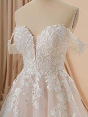 Wedding Dresses Uk, A-line Tulle Off-the-Shoulder Appliques Lace Cathedral Train Wedding Dress