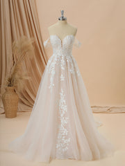 Wedding Dress For Big Bust, A-line Tulle Off-the-Shoulder Appliques Lace Cathedral Train Wedding Dress