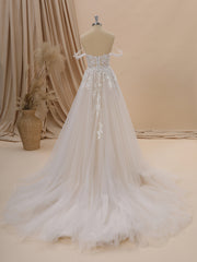 Wedding Dresses Classis, A-line Tulle Off-the-Shoulder Appliques Lace Chapel Train Wedding Dress