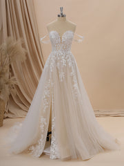 Wedding Dress Classy, A-line Tulle Off-the-Shoulder Appliques Lace Chapel Train Wedding Dress
