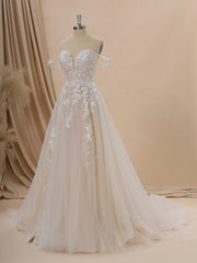 Wedding Dresses Classy, A-line Tulle Off-the-Shoulder Appliques Lace Chapel Train Wedding Dress