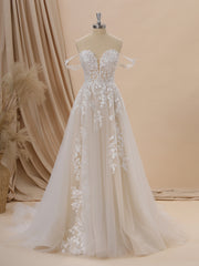 Wedding Dress Fits, A-line Tulle Off-the-Shoulder Appliques Lace Chapel Train Wedding Dress