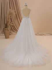 Wedding Dresses With Long Sleves, A-line Tulle Spaghetti Straps Appliques Lace Chapel Train Corset Wedding Dress