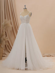 Wedding Dress With Sleeves Lace, A-line Tulle Spaghetti Straps Appliques Lace Chapel Train Corset Wedding Dress