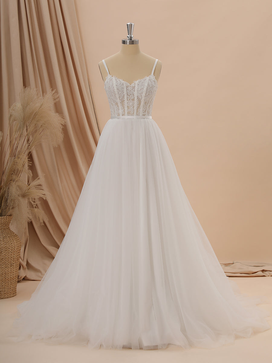 Wedding Dress Classic, A-line Tulle Spaghetti Straps Appliques Lace Chapel Train Corset Wedding Dress