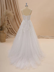 Wedding Dress Bridesmaids, A-line Tulle Spaghetti Straps Appliques Lace Court Train Corset Wedding Dress