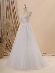 Weddings Dresses Bridesmaid, A-line Tulle Spaghetti Straps Appliques Lace Court Train Corset Wedding Dress