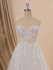 Wedding Dress Bridesmaid, A-line Tulle Spaghetti Straps Appliques Lace Court Train Corset Wedding Dress