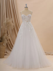 Wedding Dress Perfect For Summer, A-line Tulle Spaghetti Straps Appliques Lace Court Train Corset Wedding Dress