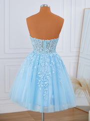 Prom Dresses 2037 Cheap, A-line Tulle Strapless Appliques Lace Corset Short/Mini Dress