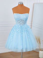 Prom Dress Size 31, A-line Tulle Strapless Appliques Lace Corset Short/Mini Dress