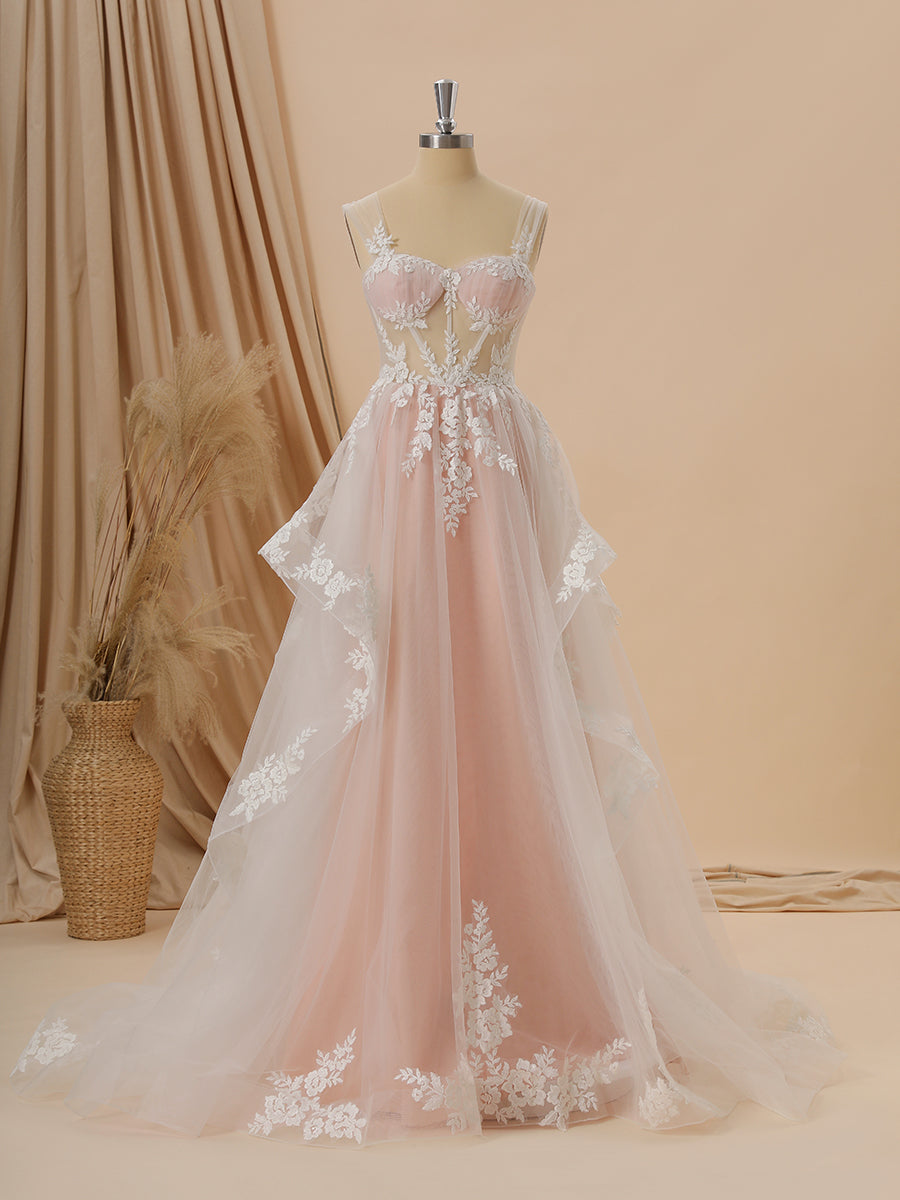 Weddings Dresses Lace Simple, A-line Tulle Straps Appliques Lace Chapel Train Corset Wedding Dress