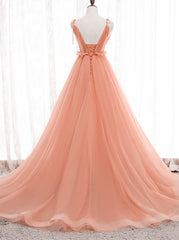 Wedding Dresses Collection, A-line Tulle Straps Low Back Long Wedding Party Dress, Pink Tulle Long Prom Dress