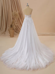 Wedding Dresses Train, A-line Tulle Sweetheart Appliques Lace Cathedral Train Corset Wedding Dress