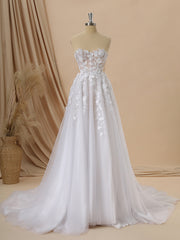 Wedding Dress Train, A-line Tulle Sweetheart Appliques Lace Cathedral Train Corset Wedding Dress