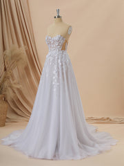 Wedding Dresses Trains, A-line Tulle Sweetheart Appliques Lace Cathedral Train Corset Wedding Dress