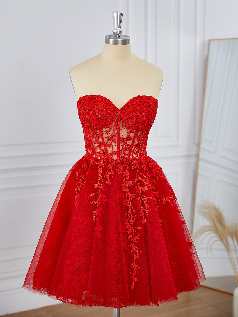 Homecoming Dresses 2039, A-line Tulle Sweetheart Appliques Lace Corset Short/Mini Dress