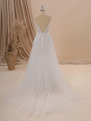 Wedding Dress Ideas, A-line Tulle V-neck Appliques Lace Chapel Train Wedding Dress