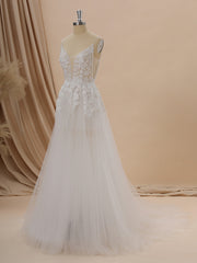 Wedding Dresses Lace, A-line Tulle V-neck Appliques Lace Chapel Train Wedding Dress