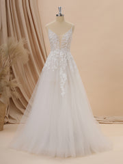 Wedding Dresses Flowers, A-line Tulle V-neck Appliques Lace Chapel Train Wedding Dress