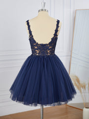 Prom Dresses Inspired, A-line Tulle V-neck Appliques Lace Short/Mini Dress