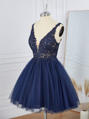 Prom Dresses Inspiration, A-line Tulle V-neck Appliques Lace Short/Mini Dress