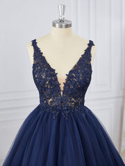 Prom Dress Inspirational, A-line Tulle V-neck Appliques Lace Short/Mini Dress