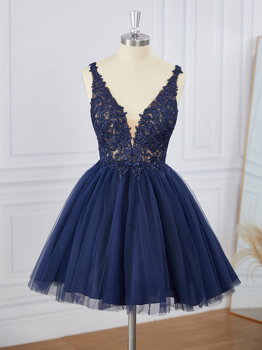Prom Dresses Shops, A-line Tulle V-neck Appliques Lace Short/Mini Dress