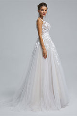Wedding Dresse Vintage, A-Line Tulle V-Neck Lace Beaded Flower Wedding Dresses