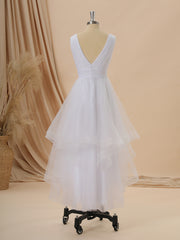 Wedding Dresses Under, A-line Tulle V-neck Pleated Asymmetrical Wedding Dress