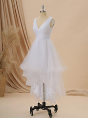 Wedding Dress Sleeve, A-line Tulle V-neck Pleated Asymmetrical Wedding Dress