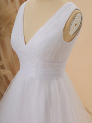 Wedding Dress Chic, A-line Tulle V-neck Pleated Asymmetrical Wedding Dress
