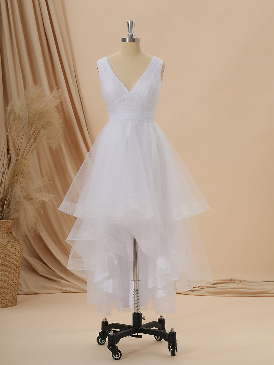 Wedding Dresses For Dancing, A-line Tulle V-neck Pleated Asymmetrical Wedding Dress