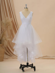 Wedding Dresses For Dancing, A-line Tulle V-neck Pleated Asymmetrical Wedding Dress