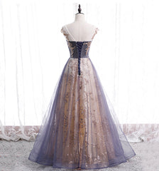 Silk Prom Dress, A-line Tulle with Lace Applique Party Dress, Tulle Long Prom Dress