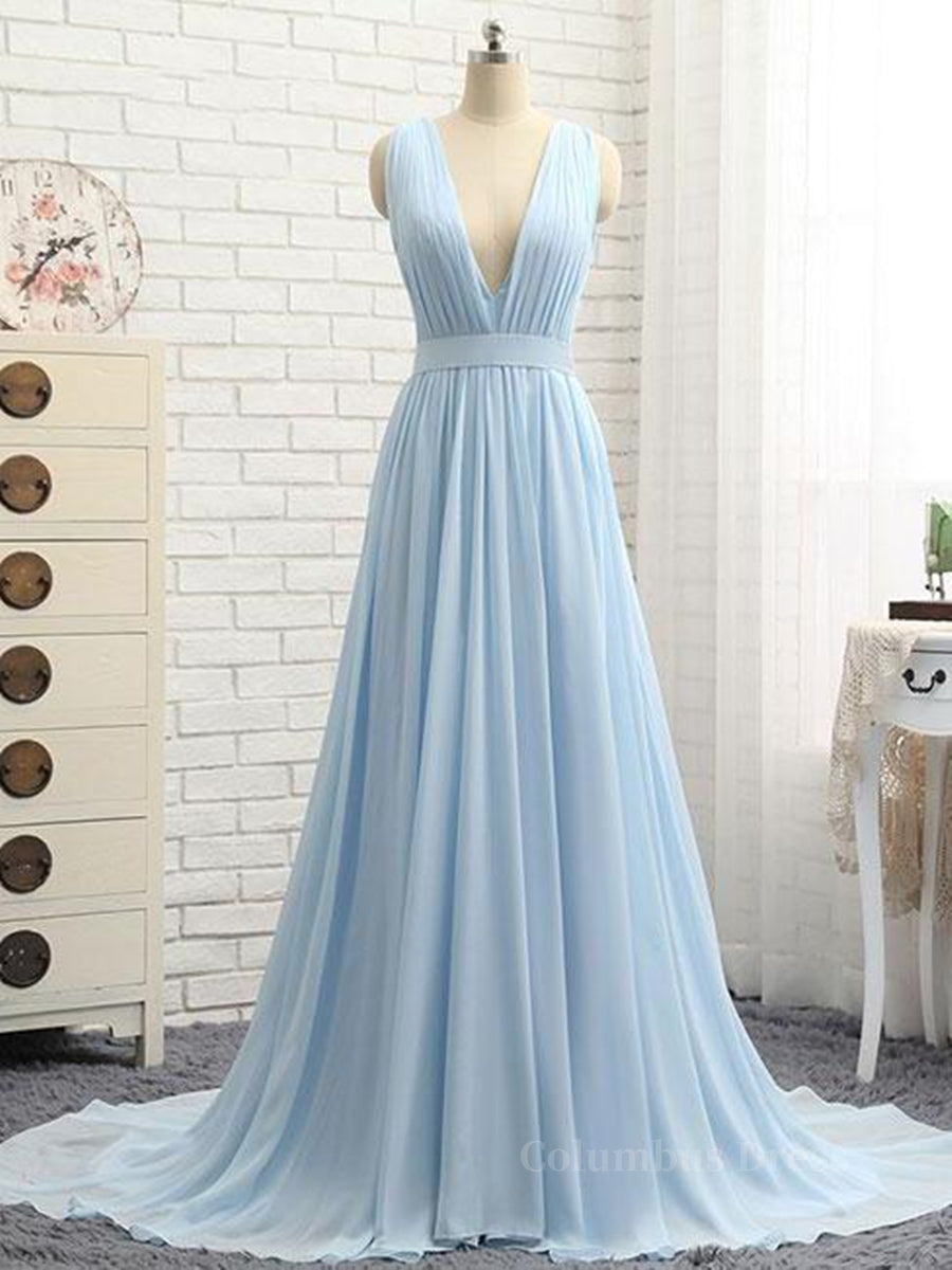 Bridesmaid Dresses Different Style, A Line V Neck and V Back Sky Blue Chiffon Long Prom Dresses, V Neck Blue Formal Dresses, Blue Evening Dresses