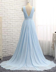 Bridesmaid Dress Different Styles, A Line V Neck and V Back Sky Blue Chiffon Long Prom Dresses, V Neck Blue Formal Dresses, Blue Evening Dresses
