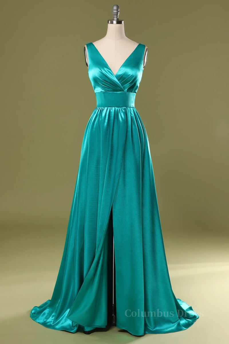 Homecoming Dresses Shop, A Line V Neck and V Back Turquoise Long Prom Dress with Slit, Turquoise Formal Graduation Evening Dress