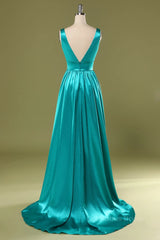 Homecoming Dress Shopping, A Line V Neck and V Back Turquoise Long Prom Dress with Slit, Turquoise Formal Graduation Evening Dress