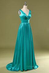 Homecoming Dress Shops, A Line V Neck and V Back Turquoise Long Prom Dress with Slit, Turquoise Formal Graduation Evening Dress
