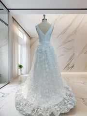 Wedding Dresses Elegant, A-line V-neck Applique Sweep Train Stretch Crepe Wedding Dress