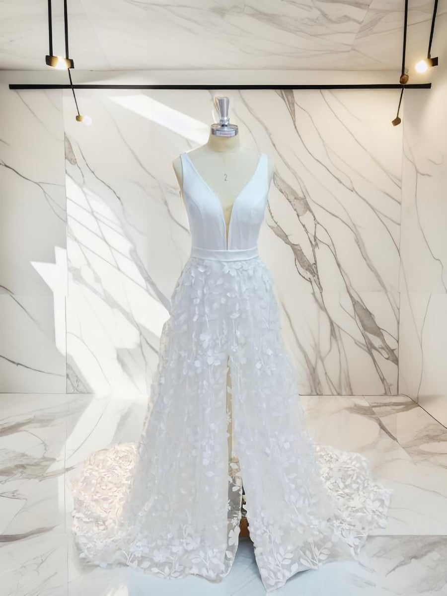 Wedding Dress 2024, A-line V-neck Applique Sweep Train Stretch Crepe Wedding Dress