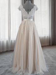 Wedding Dress Designer, A-line V-neck Appliques Lace Floor-Length Lace Wedding Dress